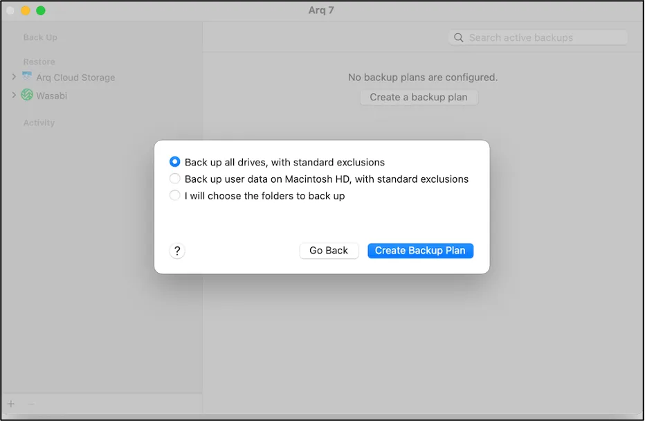 Options to back up all drives, user data, or chosen folders, with the Create Backup Plan button