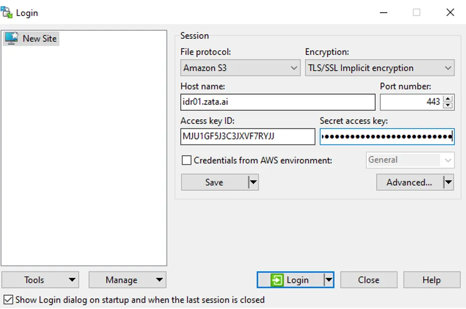 WinSCP Login window with host name idr01.zata.ai, port 443 and an access key entered