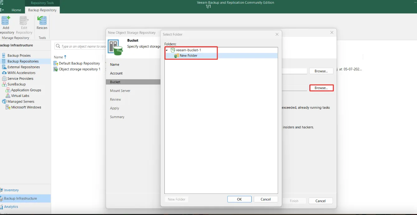 Select Folder window showing a new folder inside the bucket