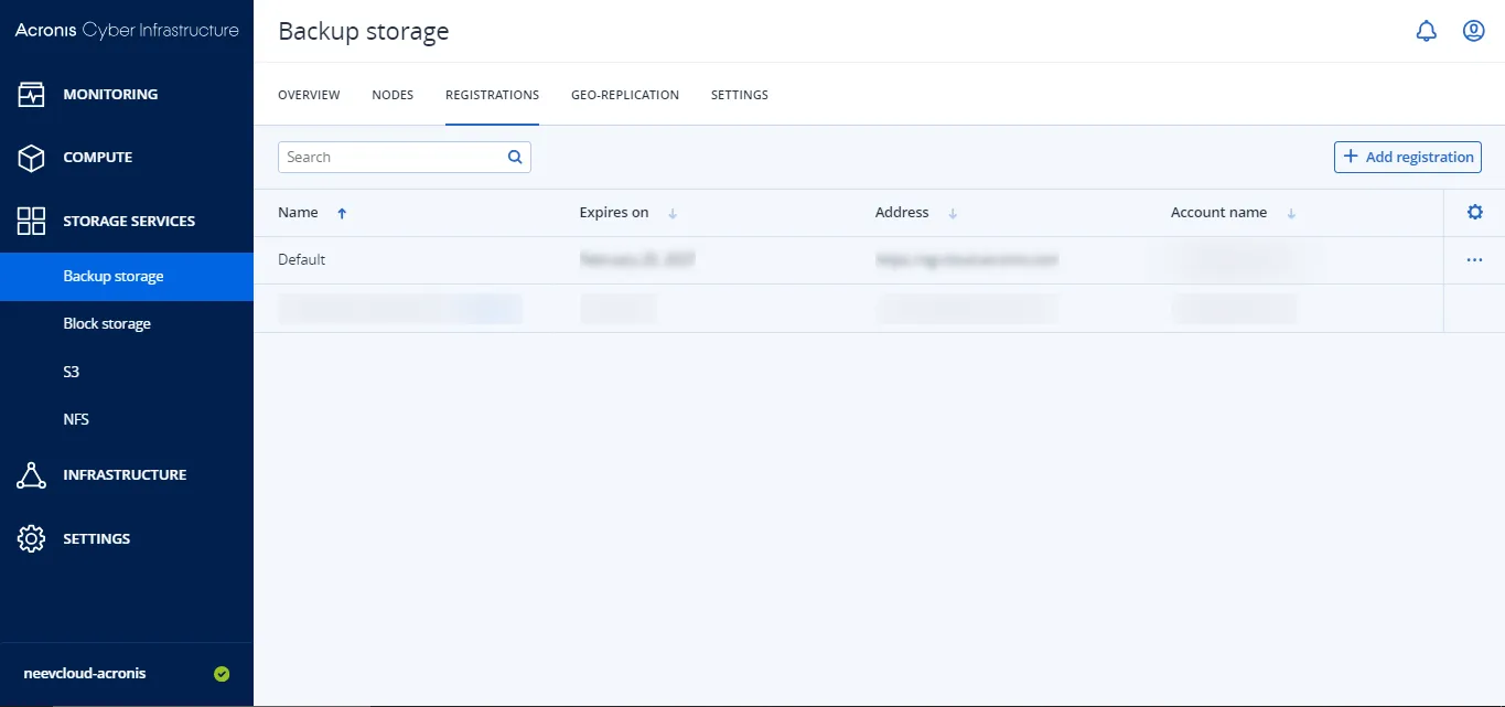Registrations tab of the backup storage with one registration
