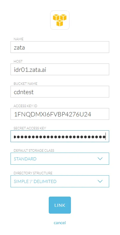 odrive S3 compatible form with host idr01.zata.ai, a bucket name, storage class STANDARD and directory structure SIMPLE '/' DELIMITED