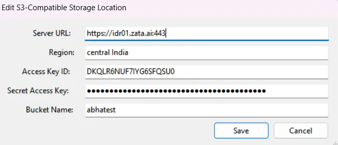 S3-Compatible Storage Location dialog with server URL, region, access key ID, secret access key and bucket name