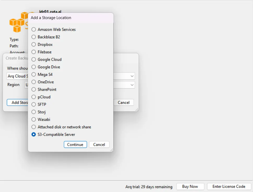 Add a Storage Location dialog with S3-Compatible Server selected