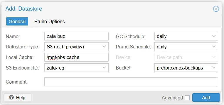 Add Datastore window with datastore type S3 (tech preview), the local cache path, the S3 endpoint ID and the bucket
