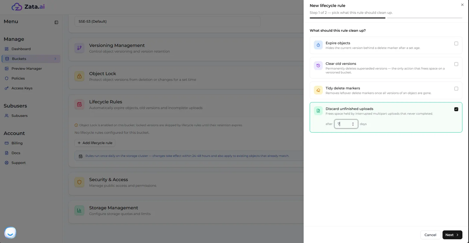 New lifecycle rule step 1 with Discard unfinished uploads ticked and after 7 days entered