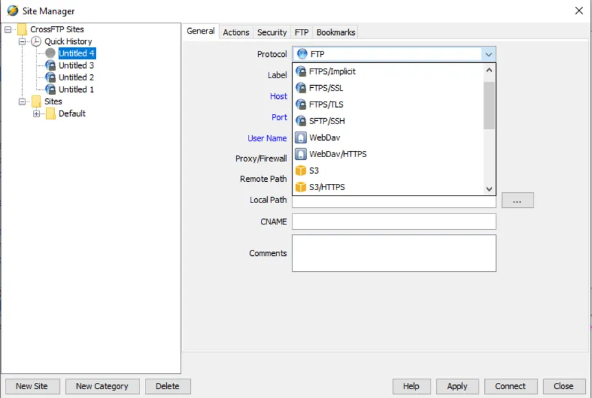 CrossFTP Site Manager with the Protocol list open and S3/HTTPS shown