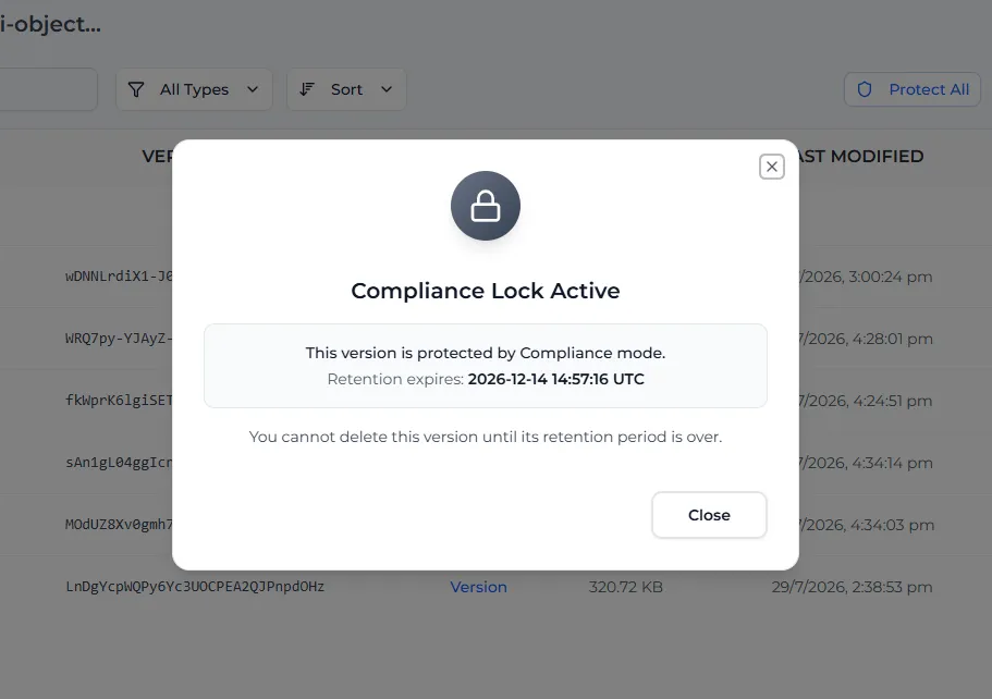 The Compliance Lock Active window saying the version cannot be deleted until its retention period is over
