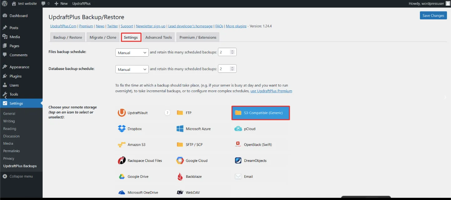 UpdraftPlus Settings tab with S3-Compatible (Generic) selected as remote storage