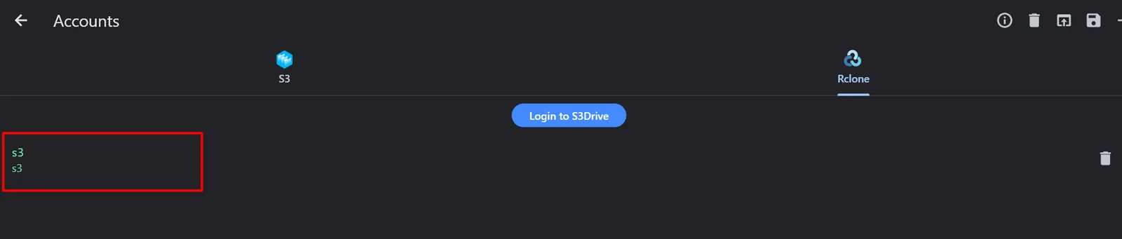 The new Rclone account listed on the Rclone tab