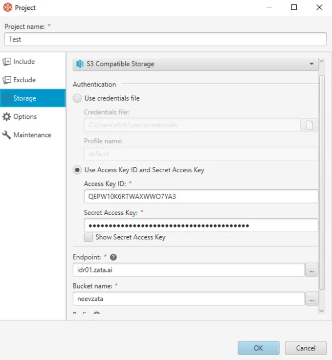 Storage tab with S3 Compatible Storage, access key authentication, endpoint idr01.zata.ai and the bucket name