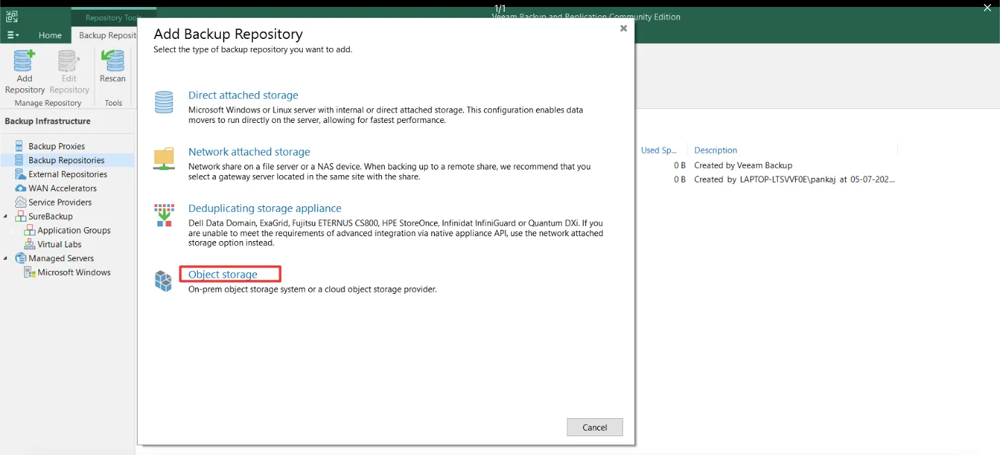 Add Backup Repository window with Object storage highlighted