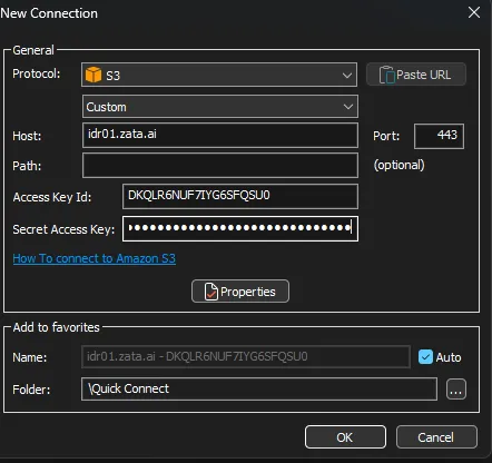 SmartFTP New Connection window with protocol S3, Custom, host idr01.zata.ai and port 443