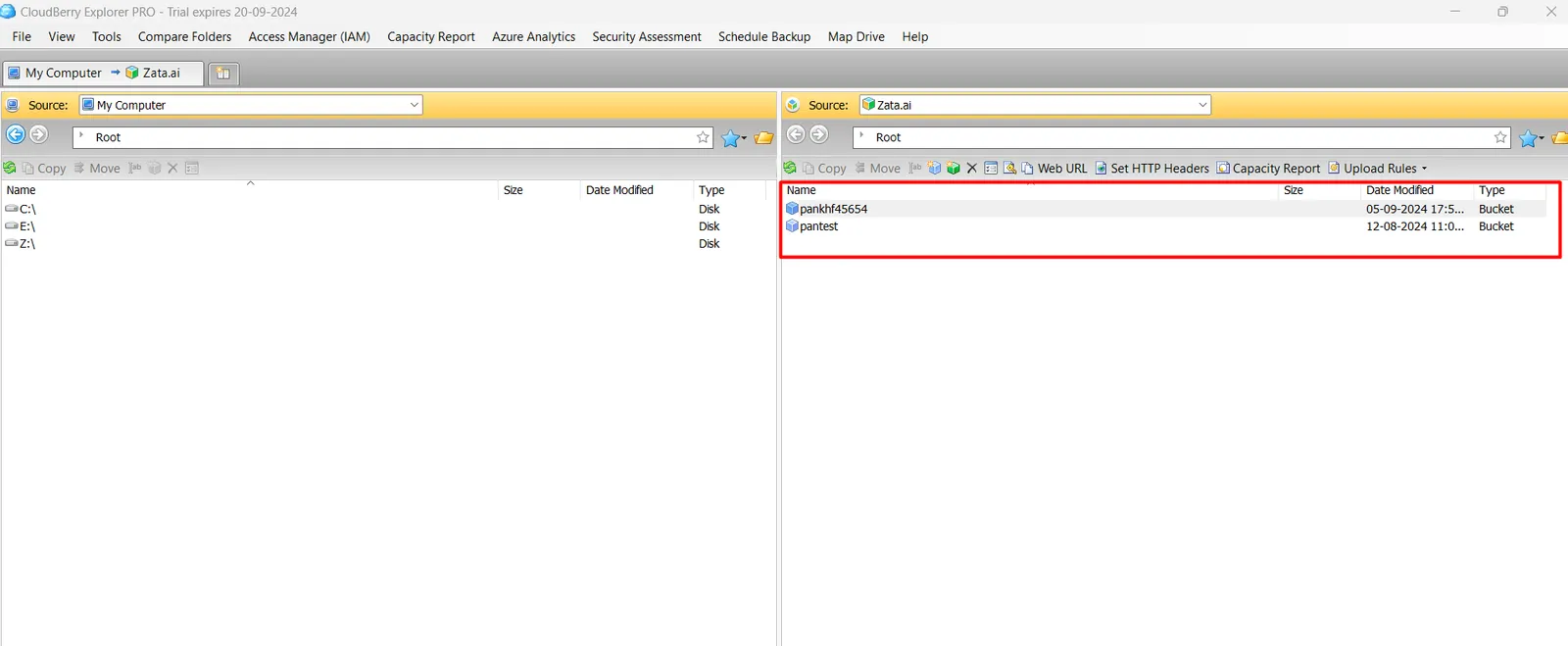 Right pane listing the buckets of the Zata account