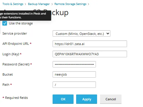 Amazon S3 Backup settings with the Custom service provider, API endpoint URL https://idr01.zata.ai, login, password, bucket and path