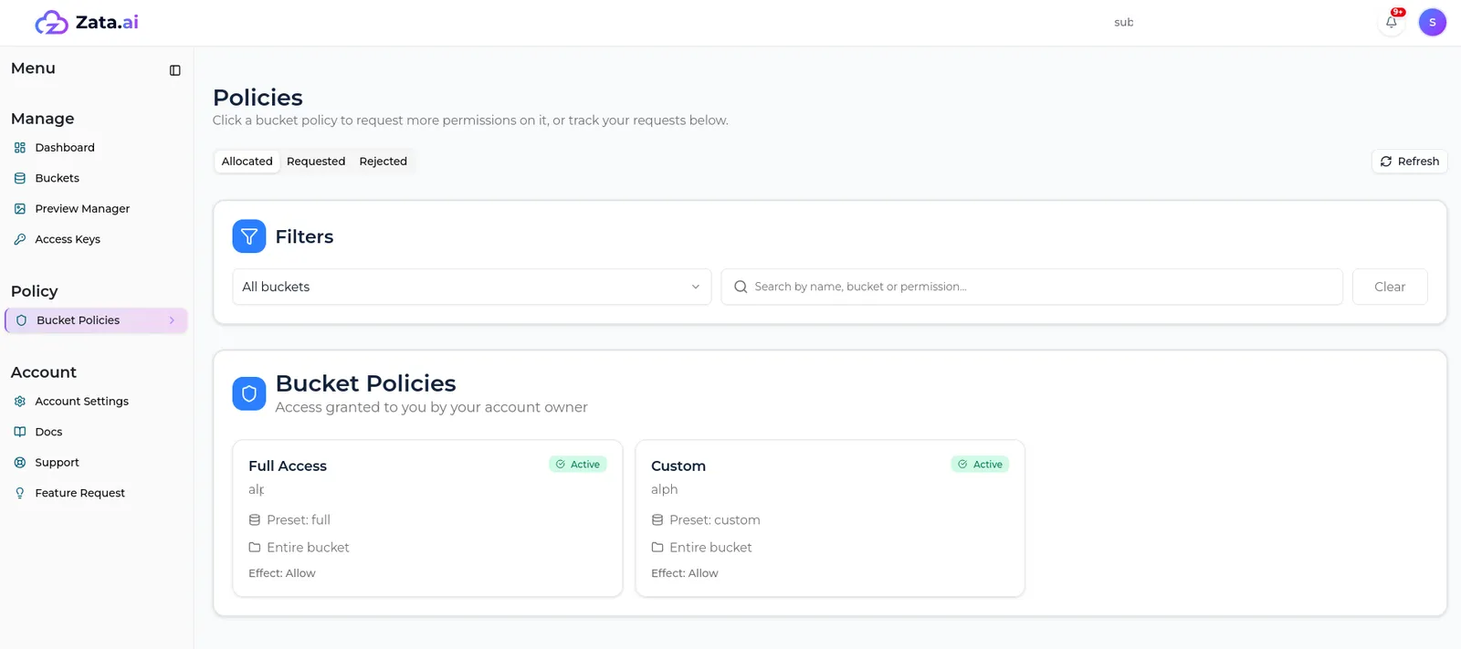The sub-user Policies page with Allocated, Requested and Rejected tabs, filters and two policy cards