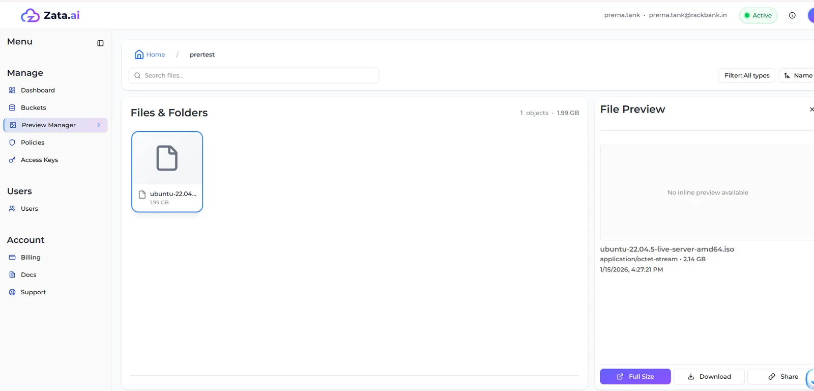 The File Preview panel for an ISO file showing No inline preview available and the Full Size, Download and Share buttons