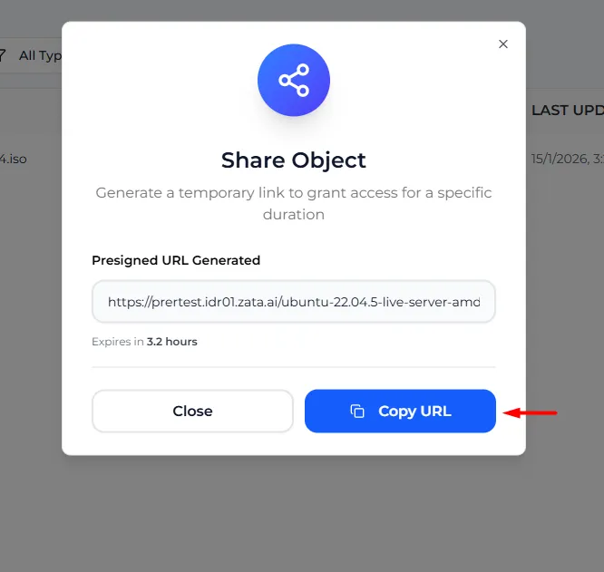 The generated presigned URL with its expiry time and the Copy URL button