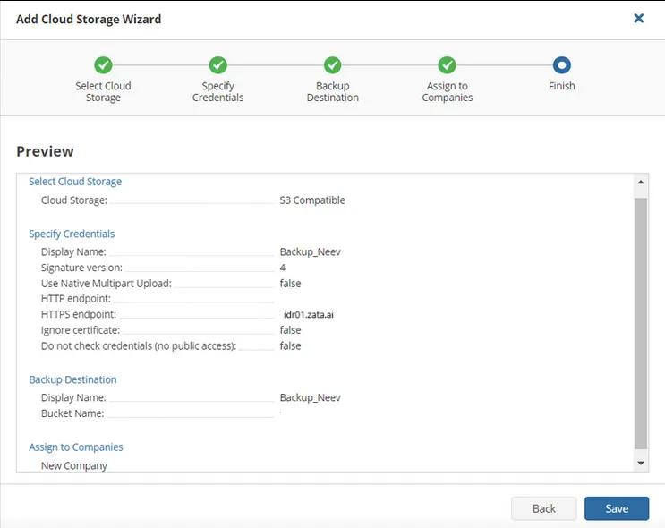 Preview step summarising the storage, credentials and backup destination, with the Save button