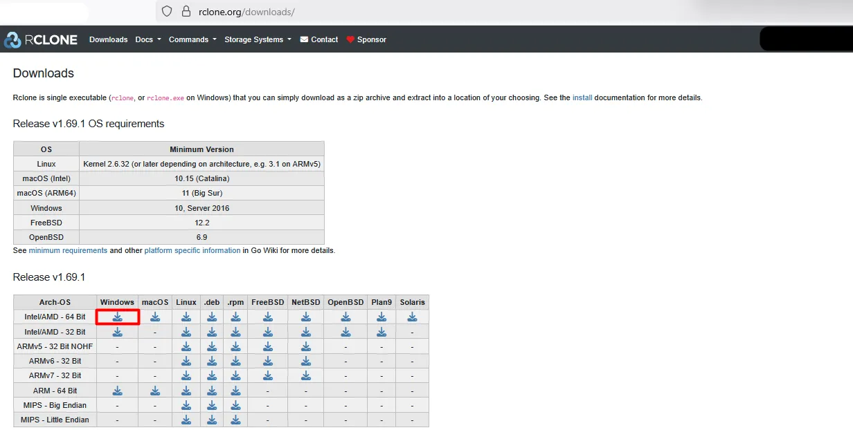 rclone downloads page with the Windows Intel/AMD 64 Bit download highlighted
