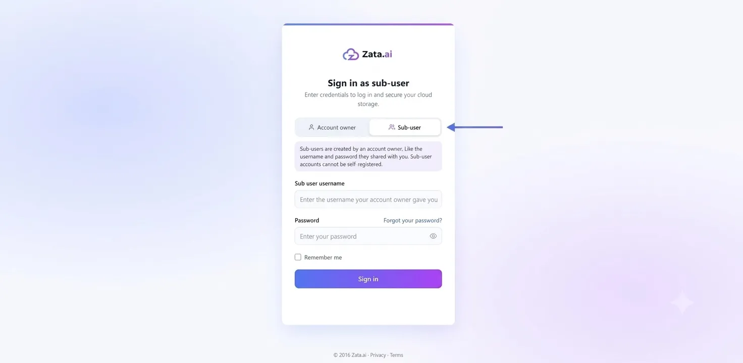 The Sign in as sub-user page with the Sub-user tab selected, a username and password field and a Forgot your password? link