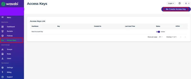 The Access Keys page in the Wasabi console with the Create Access Key button