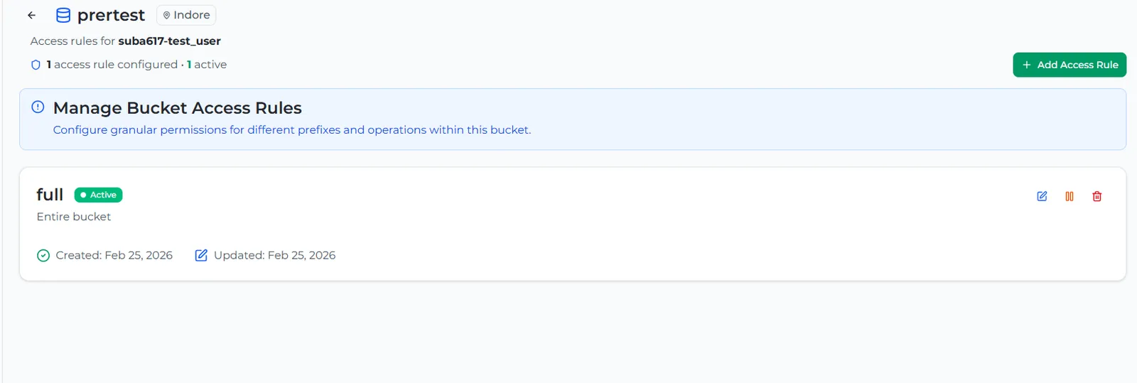 The Manage Bucket Access Rules page with one Active rule for the entire bucket and edit, suspend and delete icons