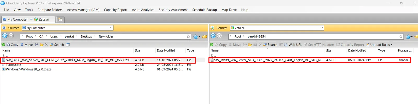 The copied file shown in both the local folder and the bucket