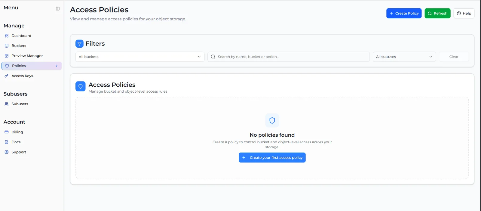 The Access Policies page with Create Policy and Refresh buttons, filters, and an empty policy list