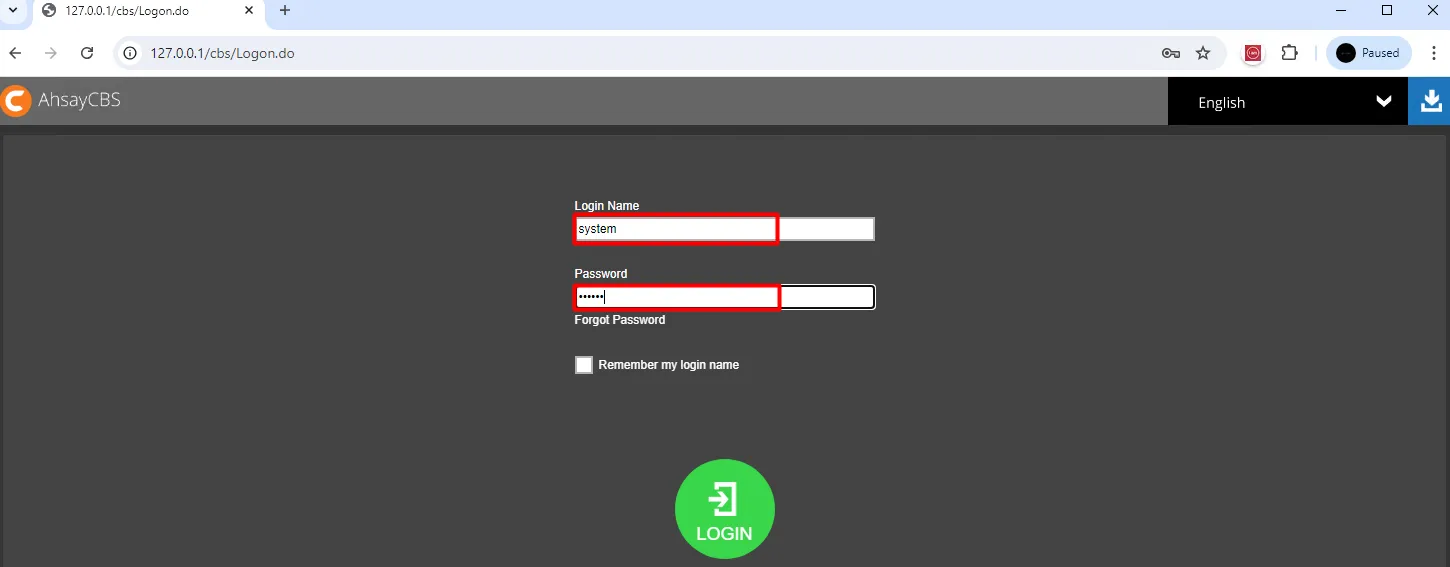 AhsayCBS login page with the login name system