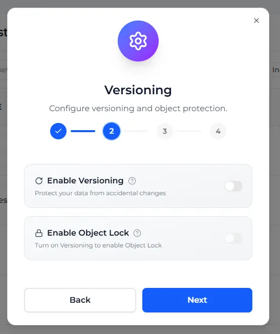Step 2 of Create Bucket: the Enable Versioning and Enable Object Lock switches, both off