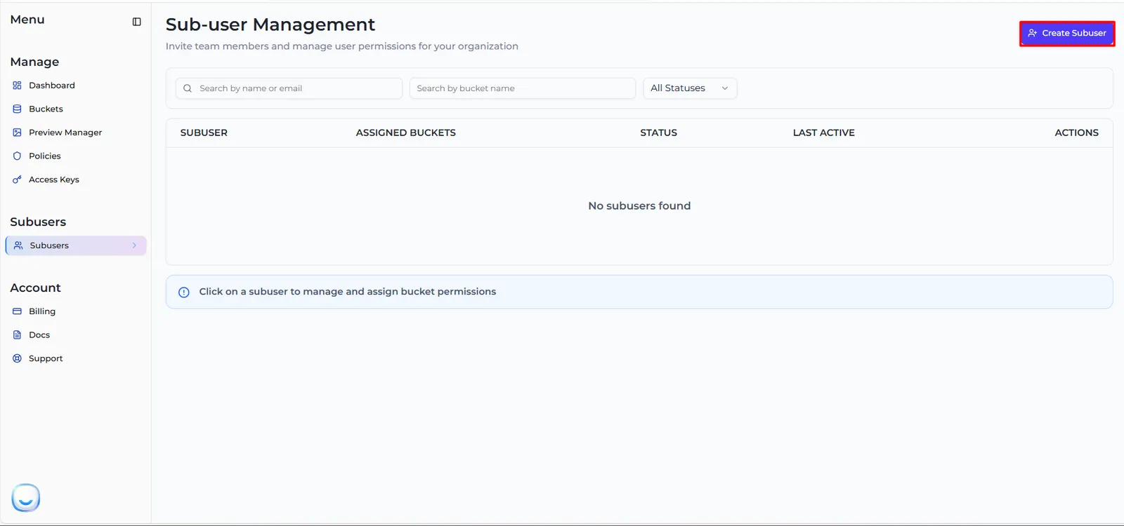 The Sub-user Management page with search filters, an empty sub-user list and the Create Subuser button