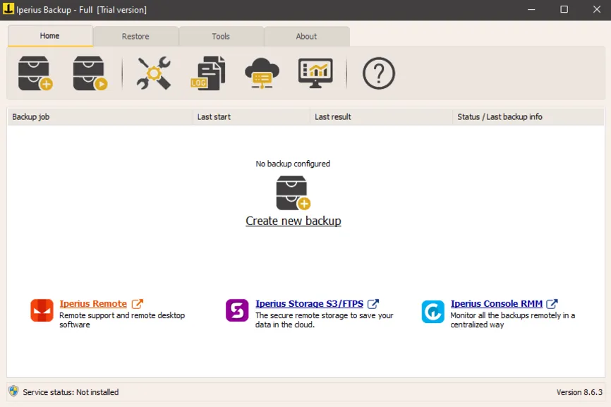 Iperius Backup home screen with Create new backup