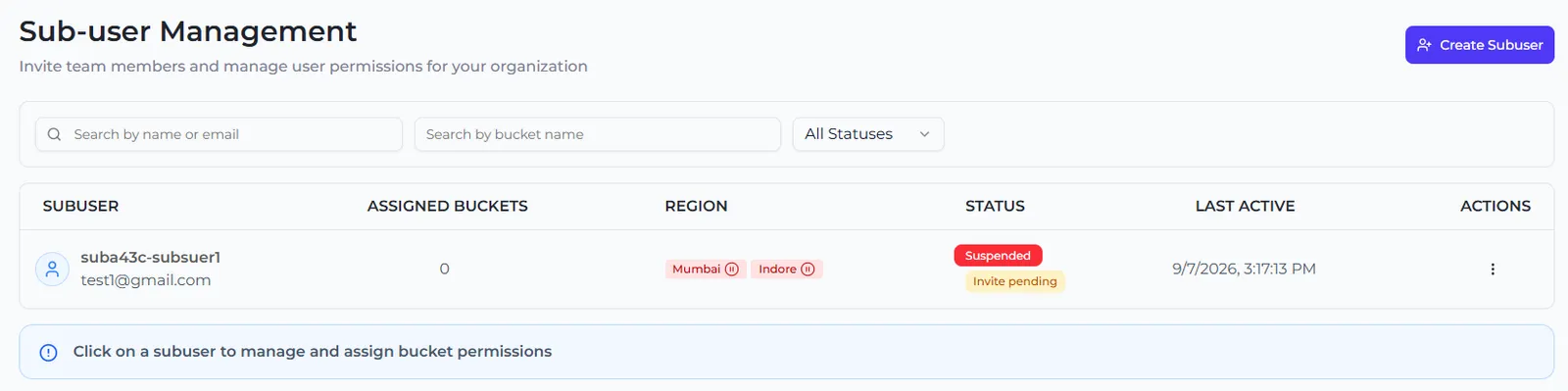 A new sub-user in the list with its regions, status Suspended and an Invite pending badge