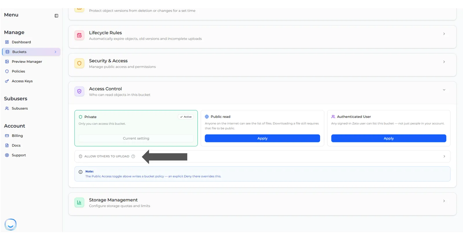 Bucket Settings with the Access Control section open, showing the Private, Public read and Authenticated User cards and the collapsed Allow others to upload row