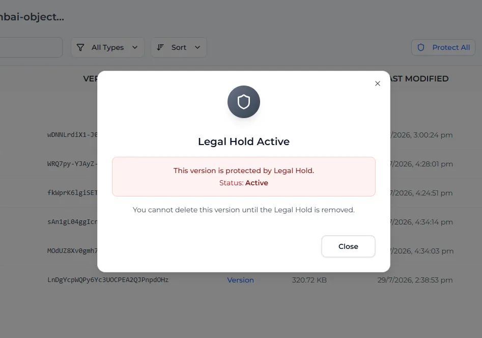 The Legal Hold Active window saying the version cannot be deleted until the Legal Hold is removed