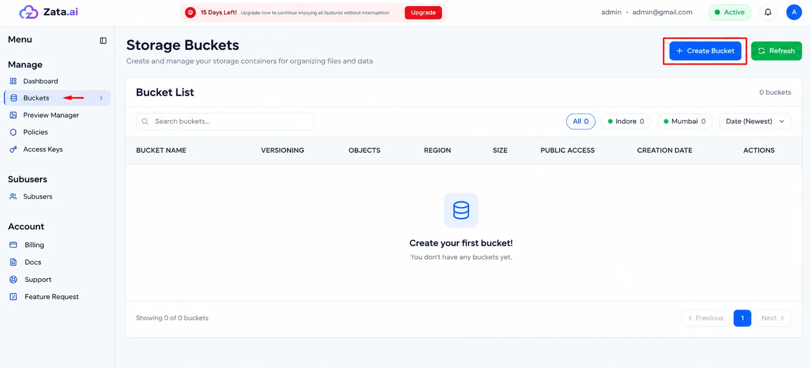 The Storage Buckets page with Buckets selected in the menu and the Create Bucket button highlighted