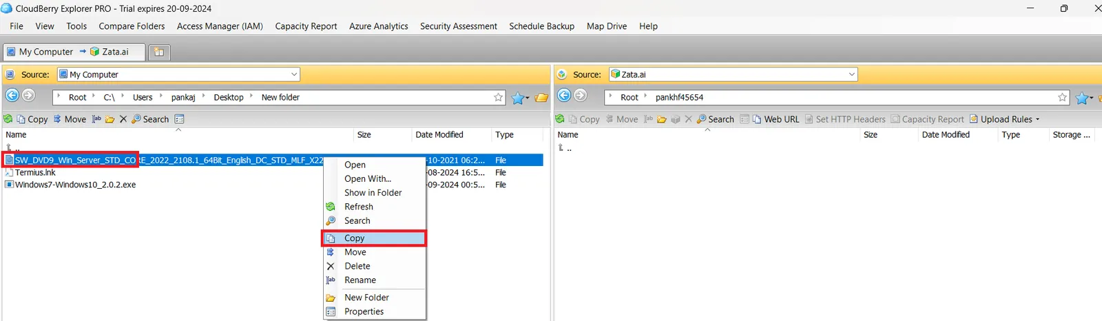 Right-click menu on a local file with Copy highlighted