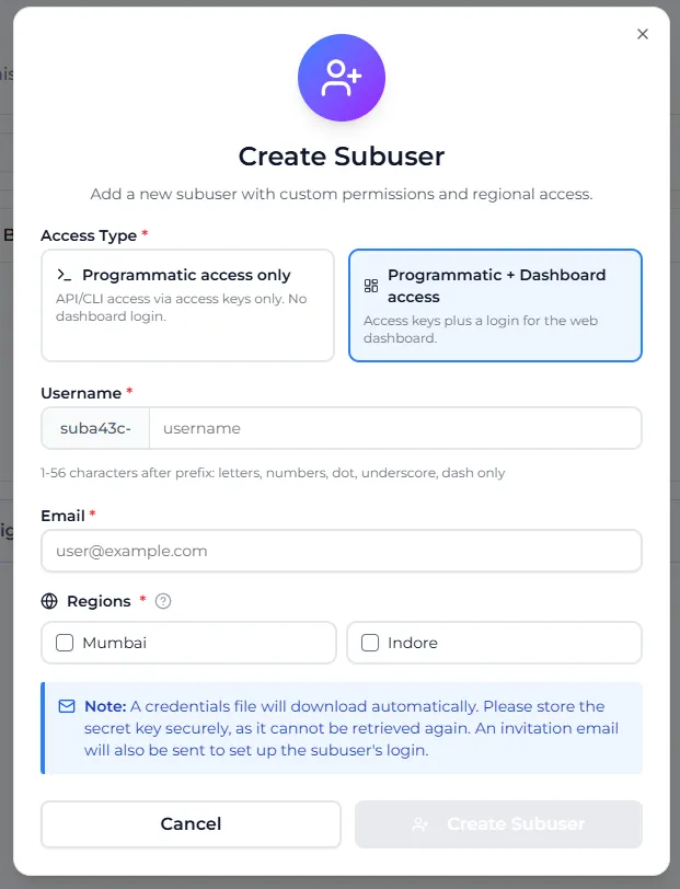 The Create Subuser dialog with Access Type, Username with prefix, Email and Regions fields