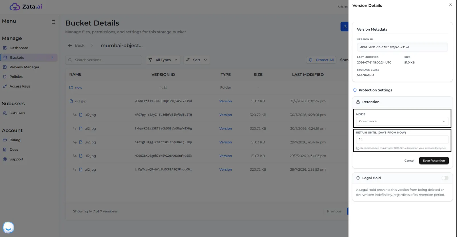 Editing the retention with Mode set to Governance, 14 days and the Save Retention button