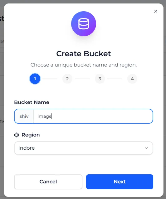 Step 1 of Create Bucket: the username prefix shiv, the name image and the Region drop-down set to Indore