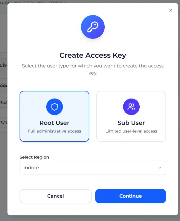 The Create Access Key dialog with Root User selected and the region set to Indore