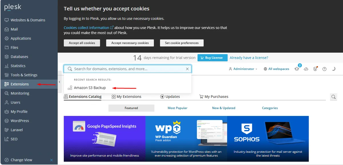 Plesk Extensions page with Amazon S3 Backup in the search results