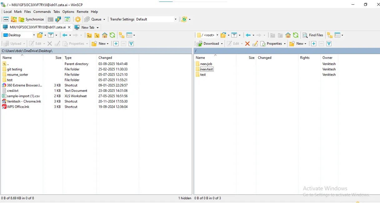 WinSCP connected to idr01.zata.ai, with three buckets in the right-hand pane