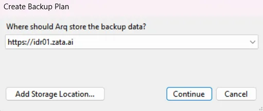 Create Backup Plan dialog with https://idr01.zata.ai selected as the storage location