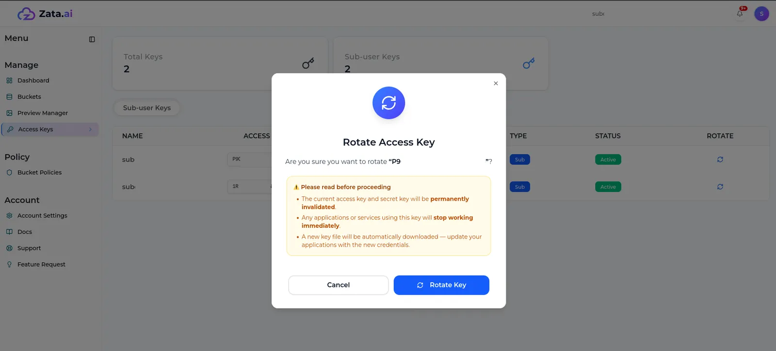 The Rotate Access Key dialog warning that the old key stops working at once and a new key file downloads