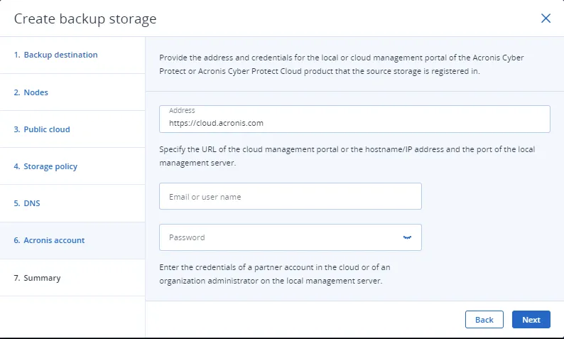 Acronis account step with the portal address, user name and password
