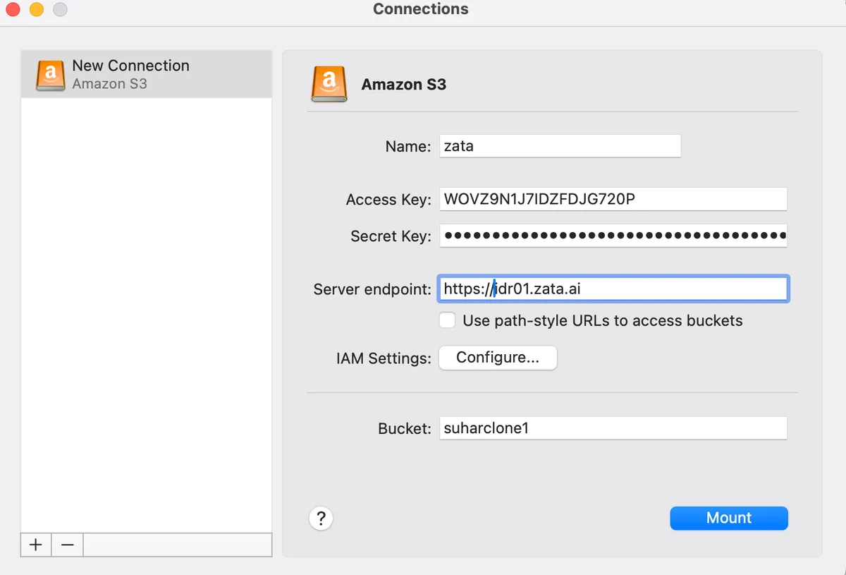CloudMounter Amazon S3 form with name zata, server endpoint https://idr01.zata.ai and a bucket name