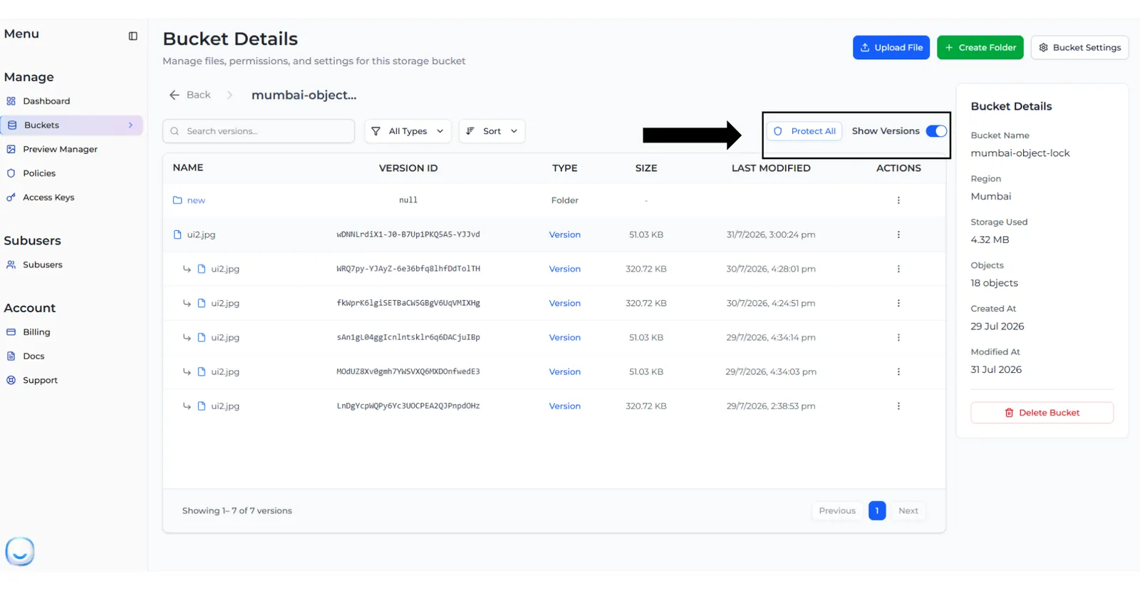 The bucket's version list with Show Versions on and the Protect All button