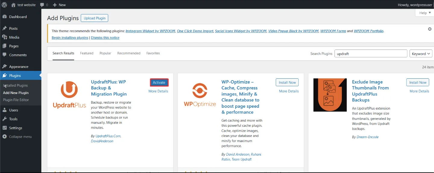 UpdraftPlus in the search results with the Activate button