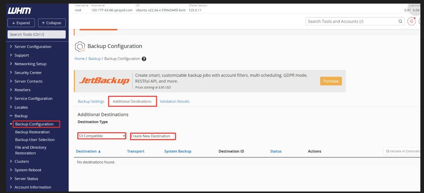 WHM Backup Configuration page with the Additional Destinations tab, S3 Compatible destination type and Create New Destination